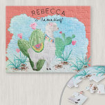 Puzzle Imagen de Llama Cute - Llamando a niños personaliz<br><div class="desc">Niños personalizados se puzzle con una linda imagen de llama. La plantilla está configurada para que agregue el nombre del niño, de modo que el texto diga "[nombre] se llama!". El rompecabezas tiene un ilustracion acuático de una llama blanca y esponjosa adorable que se alza en un jardín de cactus....</div>