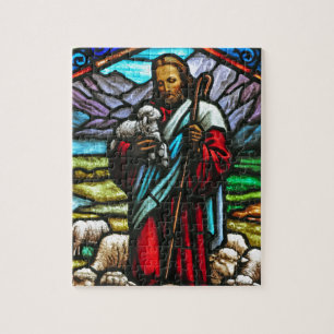 Puzzle Imagen del vitral de Jesús y de corderos