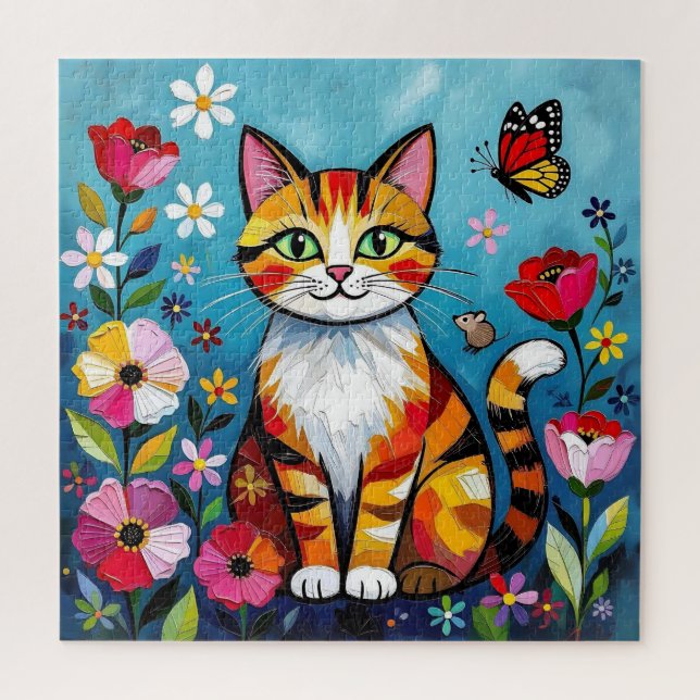 Puzzle Impasto Cat, Flowers & Butterfly Birthday (Vertical)
