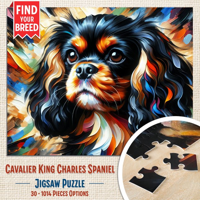 Puzzle Impresión Acrílica de Perro Cavalier King Charles  (Black & Tan Cavalier Jigsaw Puzzle. Artistic acrylic style. Available in 30-1014 pieces.)