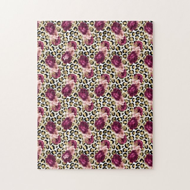 Puzzle Impresión de Leopardo Floral Rosa Girly Gold (Vertical)