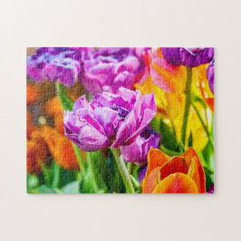 Puzzle Impresionantes Tulipanes De Loro Púrpura En Primav