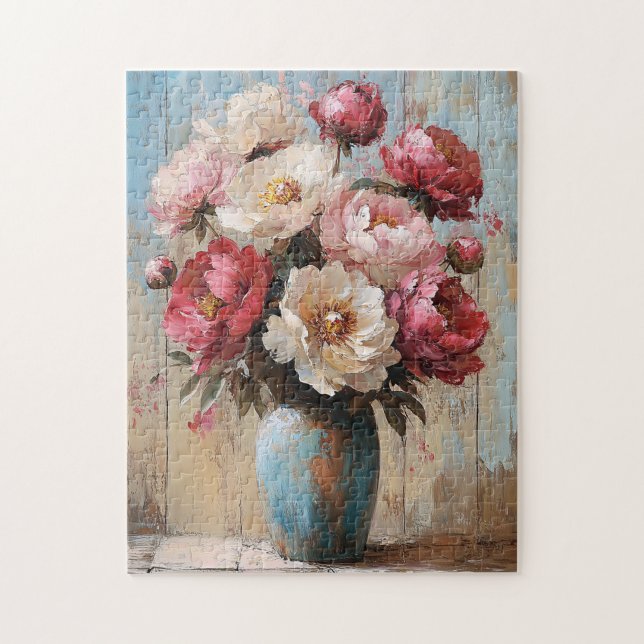 Puzzle Impresionista bolsa azul de flores rosadas (Vertical)