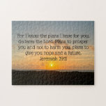 Puzzle Inspirational Bible Verse Jeremiah 29:11 Sunrise<br><div class="desc">For I know the plans I have for you, declares the Lord. Plans to prosper you and not to harm you, plans to give you hope and a future. Jeremiah 29:11 bible verse on a beautiful ocean sunrise photography gift. This inspirational quote puzzle features an uplifting biblical quotation and will...</div>