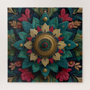 Puzzle Intrincado Mandala Floral Texturizado en Verde Acu