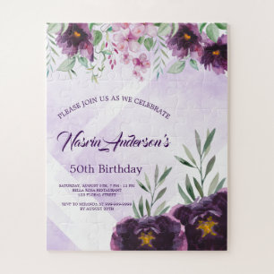Puzzle Invitación de cumpleaños floral morada elegante