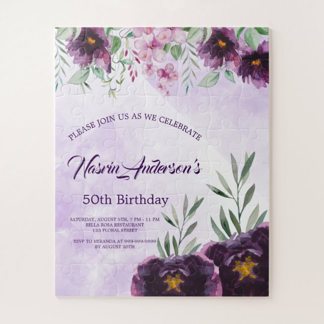Puzzle Invitación de cumpleaños floral morada elegante (Vertical)