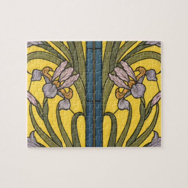 Puzzle Iris Flower Art Nouveau Stained Glass Blue Gold (Horizontal)