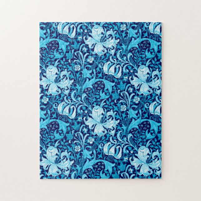 Puzzle Iris y lirio de William Morris, azul índigo y blan (Vertical)