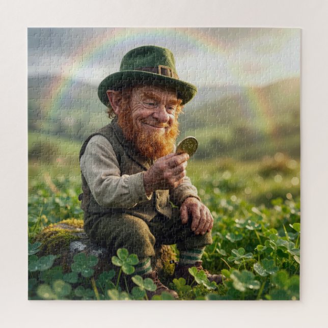 Puzzle Irish Leprechaun Admiring a Gold Coin (Vertical)
