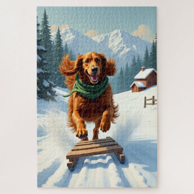 Puzzle Irish Setter Sledding Adventure Christmas Painting (Vertical)