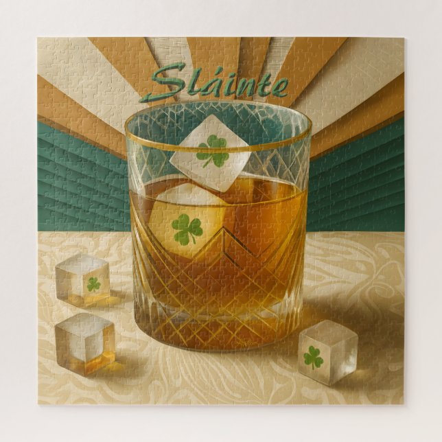Puzzle Irish Whiskey Tumbler Shamrock Ice "Sláinte!" (Vertical)