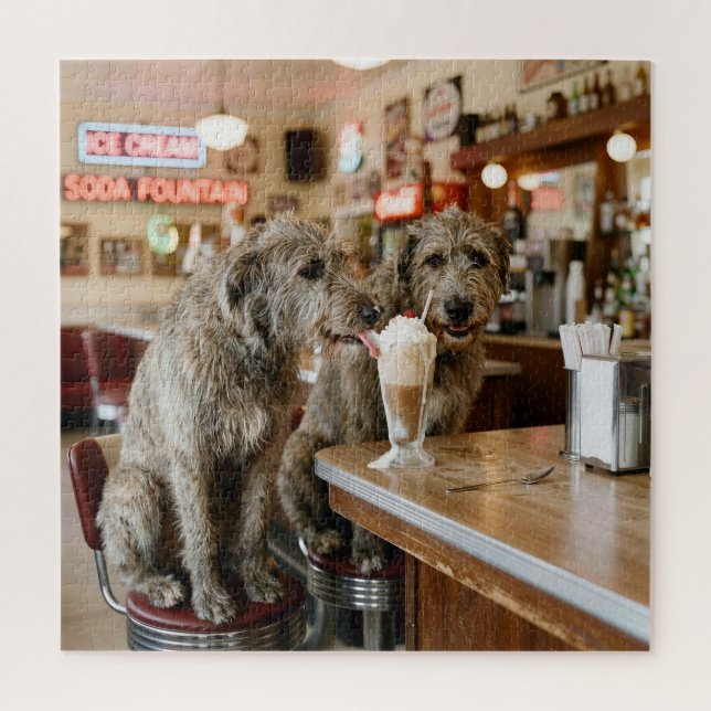 Puzzle Irish Wolfhounds Sharing a Milkshake (Vertical)