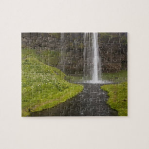 Puzzle Islandia. Gente en camino detrás de Seljalandsfoss