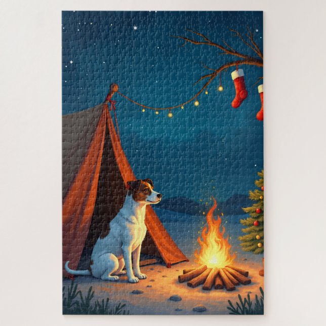 Puzzle Jack Russell Christmas Camping Night Painting (Vertical)