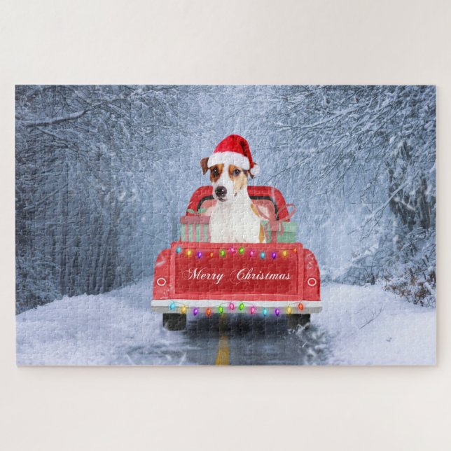 Puzzle Jack Russell Dog en Nieve sentado en Navidades (Horizontal)