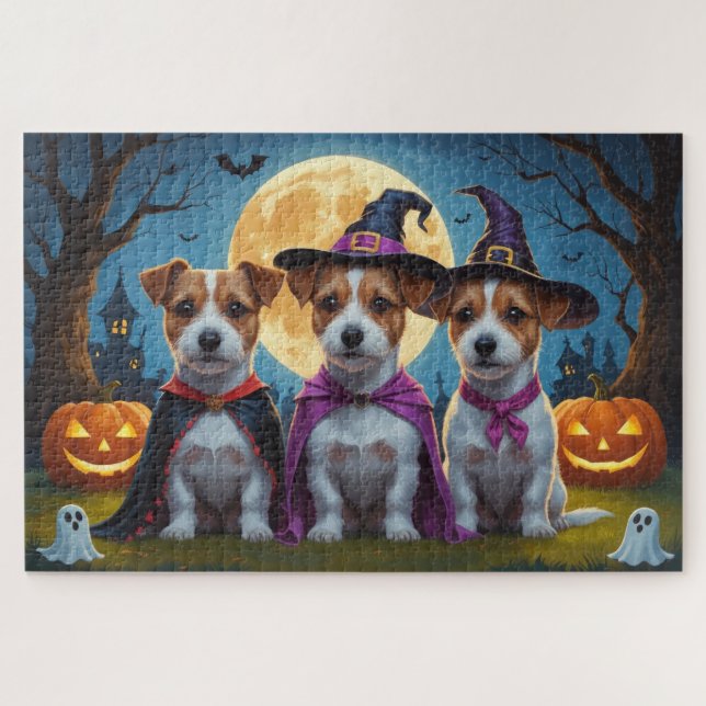 Puzzle Jack Russell Dogs Pumpkin Halloween Funny (Horizontal)