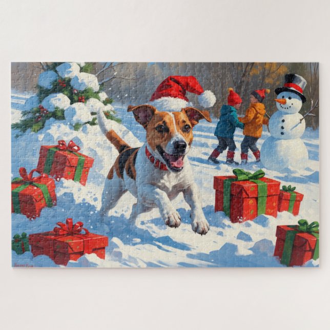 Puzzle Jack Russell en Nieve con Gorra de Navidades (Horizontal)