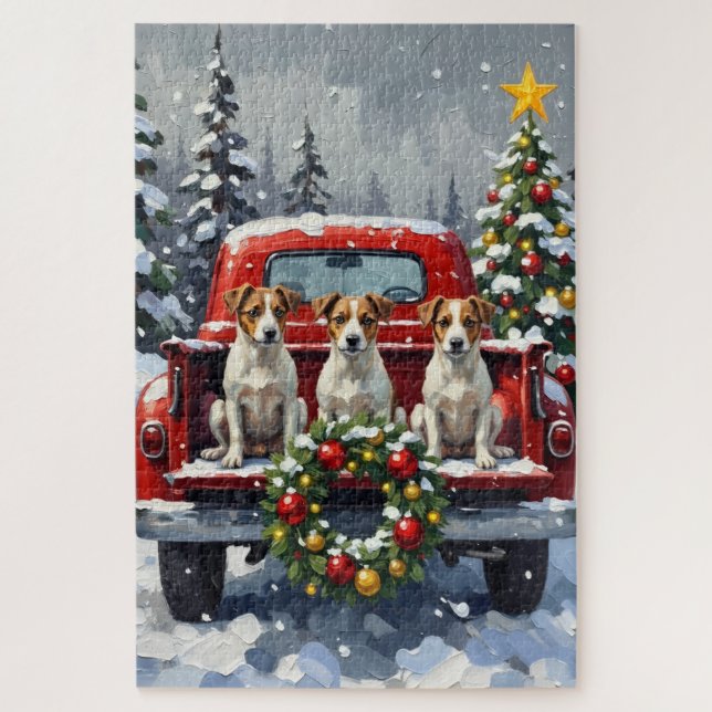 Puzzle Jack Russell Terrier Christmas Red Truck Holiday (Vertical)