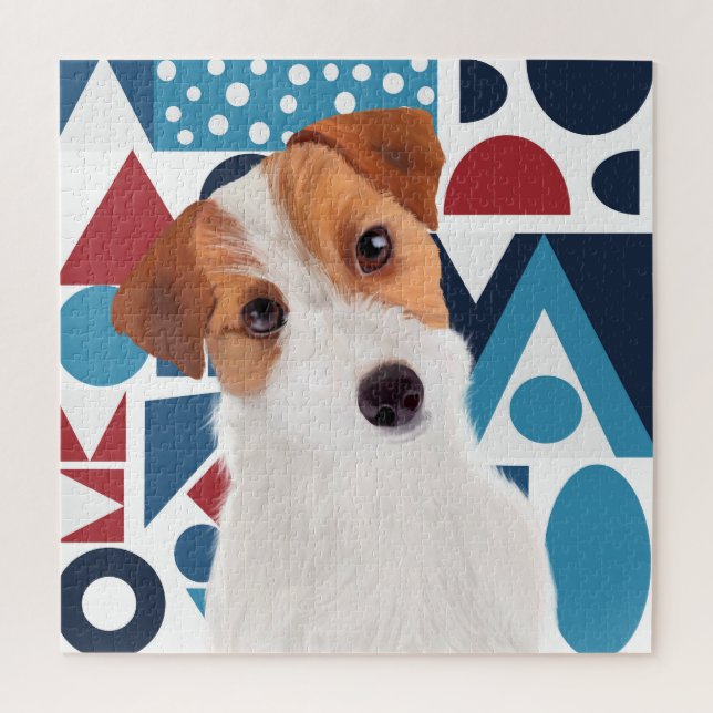 Puzzle Jack Russell Terrier Dog Blue and Red Geometric (Vertical)