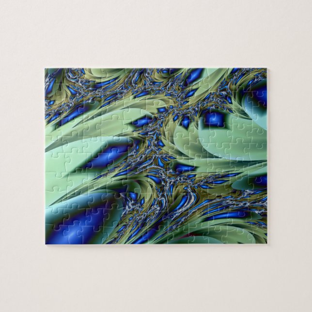 Puzzle Jagged | Arte fractal verde y azul (Horizontal)