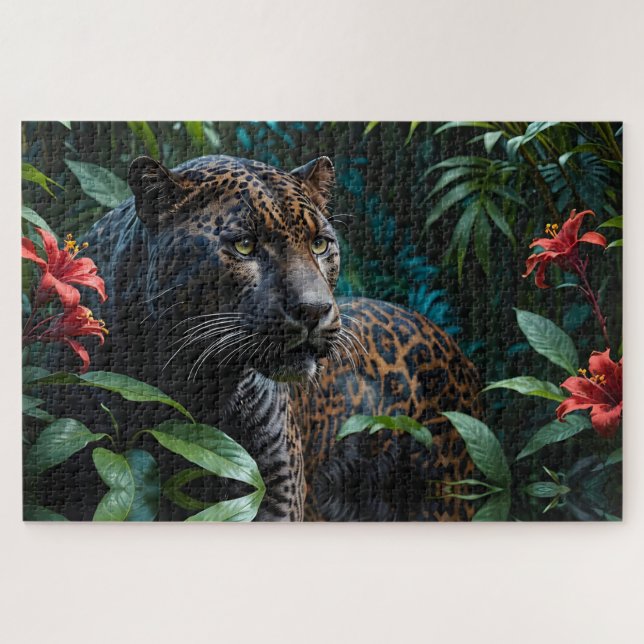 Puzzle Jaguar melenítico en las flores rojas de la jungla (Horizontal)