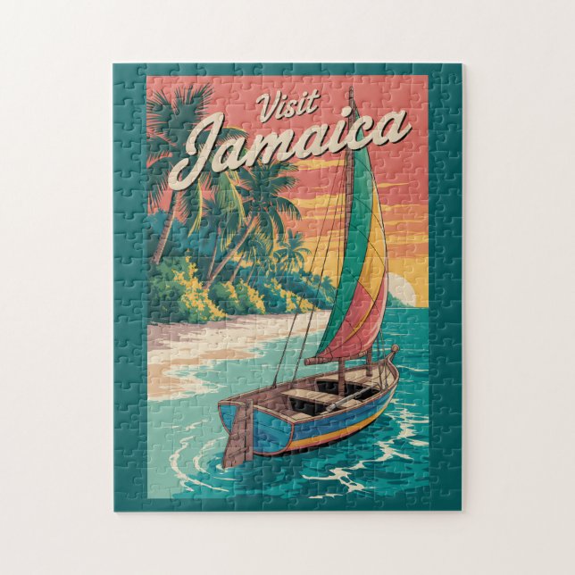Puzzle Jamaica Boat Illustration Travel Art Vintage (Vertical)