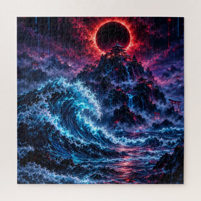 Puzzle Japanese Cyberpunk Mountain Wave Eclipse Poster (Vertical)