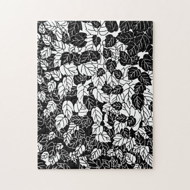 Puzzle Japanese Leaf Print, Black and White (Vertical)