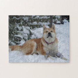 Puzzle Japonés rojo lindo Akita en nieve con el ratón