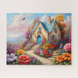 Puzzle Jardín de Cabaña Colorido con Puerta Azul