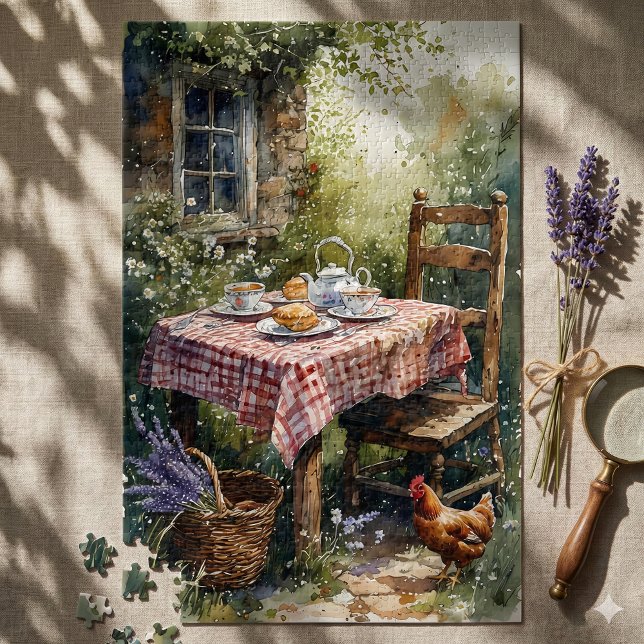 Puzzle Jardín de Cabaña Mañana de Té Aquarela (Cottage Garden Tea Morning Watercolor Jigsaw Puzzle ON Shadowed Table)