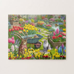 Puzzle Jardín de flores con gatos / Amante de los gatos