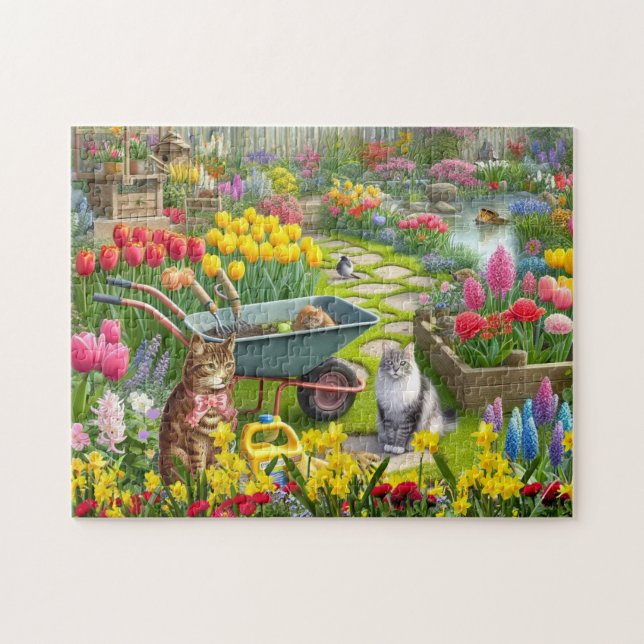Puzzle Jardín de flores con gatos / Amante de los gatos (Horizontal)