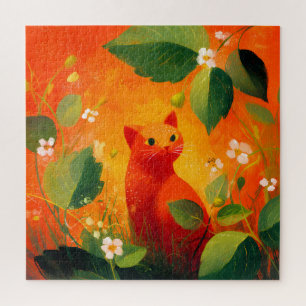 Puzzle Jardín de flores silvestres gato rojo caprichoso