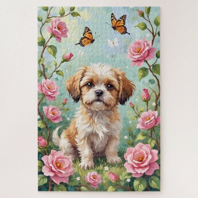Puzzle Jardín de Rosas de Primavera de Shih Tzu Perro Lin (Vertical)