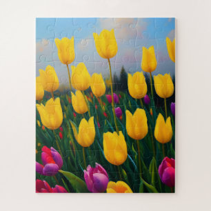Puzzle Jardín de Tulipanes Amarillos Pintura al Óleo, Rom