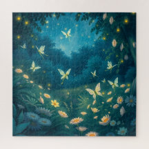 Jardín nocturno con flores y luciérnagas