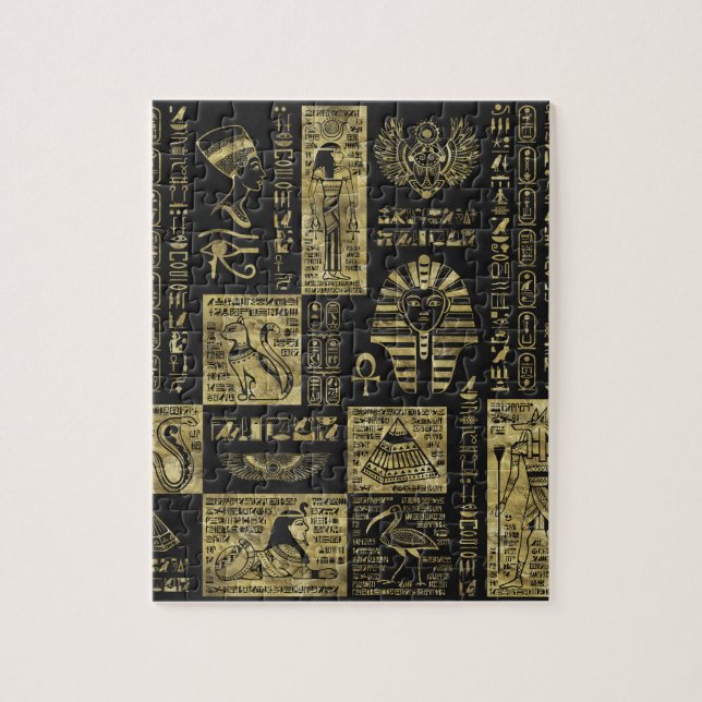 Puzzle Jeroglíficos y símbolos egipcios en el cuero negro (Vertical)