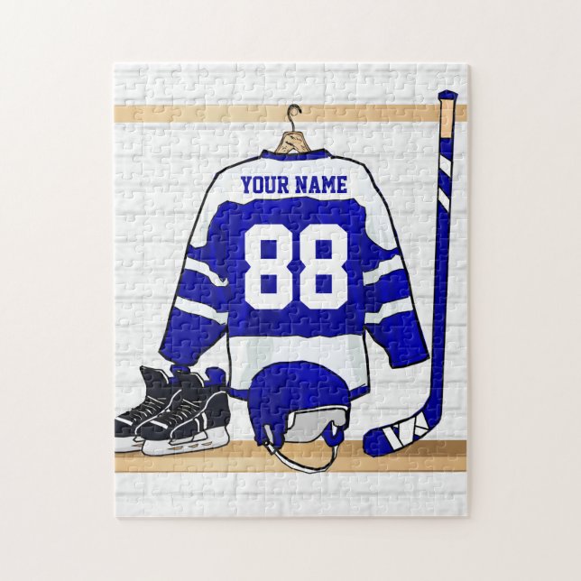Puzzle Jersey azul y blanco personalizado del hockey (Vertical)