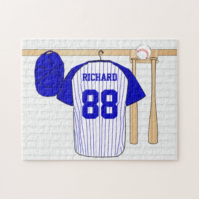 Puzzle Jersey de béisbol azul y blanco personalizado (Horizontal)