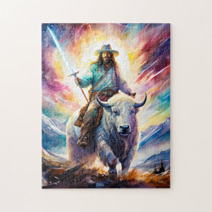 Puzzle Jesús en un búfalo blanco con una espada ligera