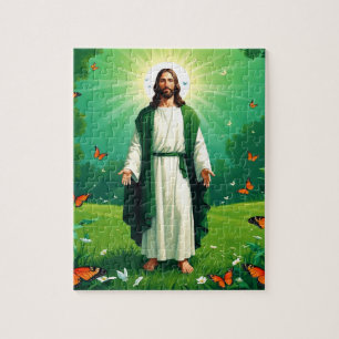 Puzzle Jesús en un jardín rodeado de mariposas