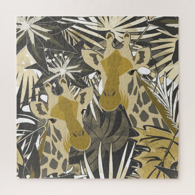 Puzzle jirafas en el bosque nocturno. (Vertical)