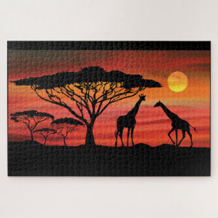 Puzzle jirafas en un atardecer africano en Serengeti