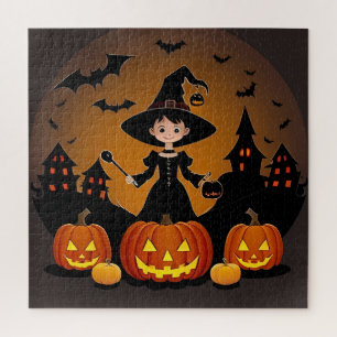 Puzzle Joven bruja con calabazas y casas embrujadas