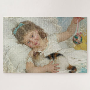 Puzzle Joven dulce niña jugando con su gato mascota (Muni