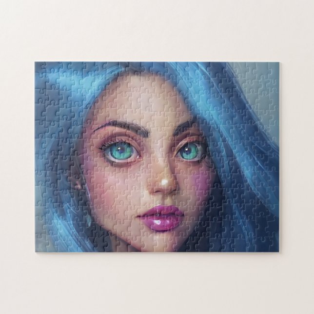 Puzzle Joven joven sonriente de ojos verdes de pelo azul  (Horizontal)