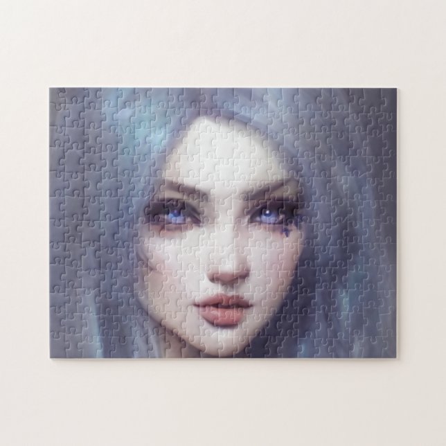 Puzzle Joven mujer con ojos azules de pelo rosado retrato (Horizontal)