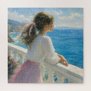 Puzzle Joven mujer en un balcón con vista al océano Impre